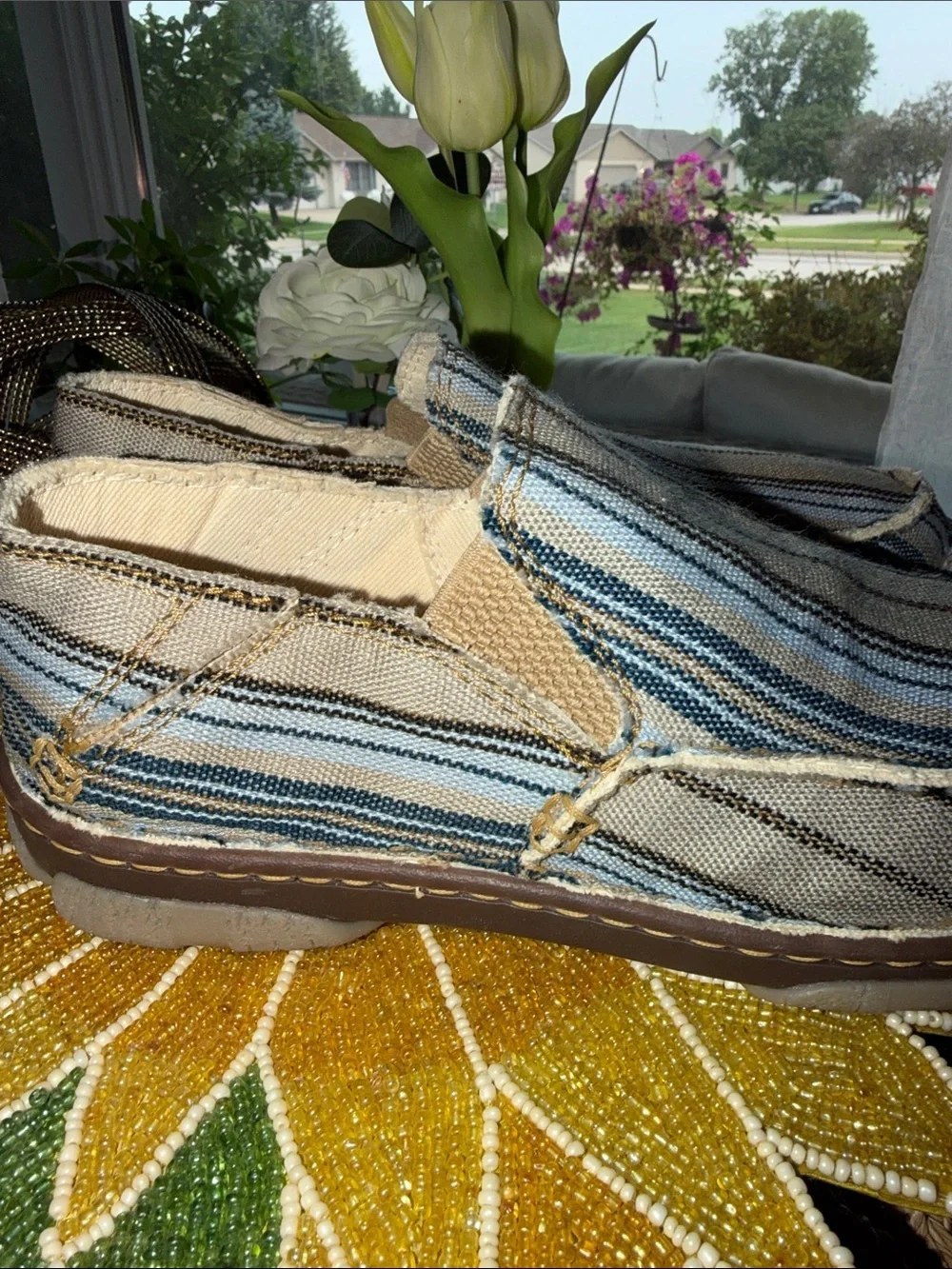 Tony Lama Gator Blue Striped Canvas Slip-On Shoes Men’s 9 New